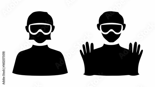 Two stylized figures wearing protective eyewear and face coverings with one figure showing their hand