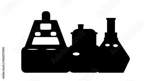 Silhouette illustration of three laboratory flasks of varying shapes and sizes arranged closely together