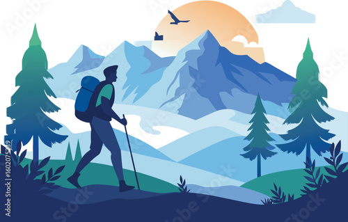Silhouette of a person hiking up a mountain with a backpack, trees and birds in the background