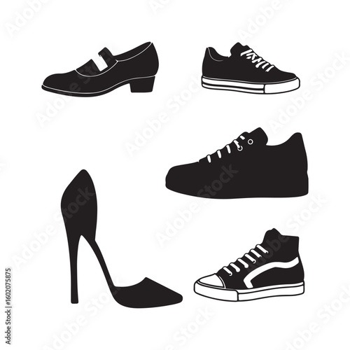 Collection of diverse footwear silhouettes including classic heels mary janes and modern sneakers on a white background