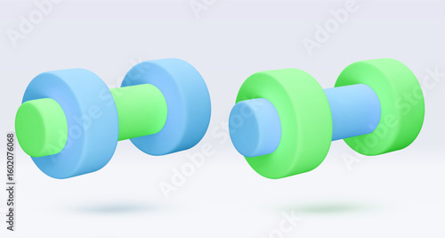 Blue and green Dumbbell Realistic icon, 3d render. Isolated on white backround. Sport And Fitness design set. Vector illustration for shop, flyer, banner, web, advertising, sale