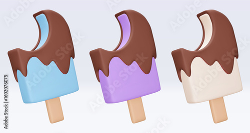 Set bitten Ice cream with chokolate glaze, icon, 3d render. Design elements. Realistic fast food icon. Sweet food. Vector illustration isolated on white for menu, shop, flyer, banner, web, adv, sale