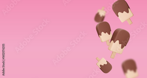 Banner with vanilla Ice cream on pink background, summer sale, 3d render. Design elements. Realistic sweet food poster. Vector illustration for menu, shop, flyer, web, adv, sale