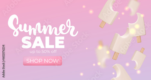 Banner with vanilla Ice cream on pink background, summer sale, up to 50%, 3d render. Design elements. Realistic sweet food poster. Vector illustration for menu, shop, flyer, web, adv, sale