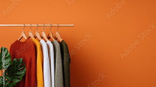 Conscious consumerism concept, Hanging sweaters on a rack against an orange wall, with a green plant nearby.