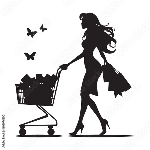 Elegant silhouette of a woman enjoying a shopping spree with a full cart and bags