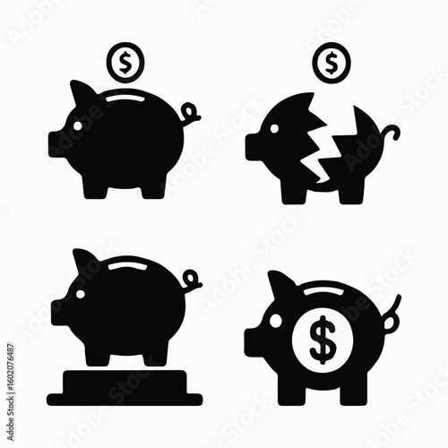 Simple piggy bank silhouette with dollar coin, perfect for financial concepts.
