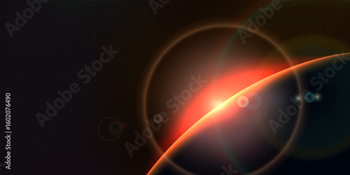 Dark sky background.Space sunrise, good morning world. Sunrise with rays and lens flare