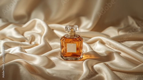 Front view: A luxurious perfume bottle is placed on a cream-colored cloth.