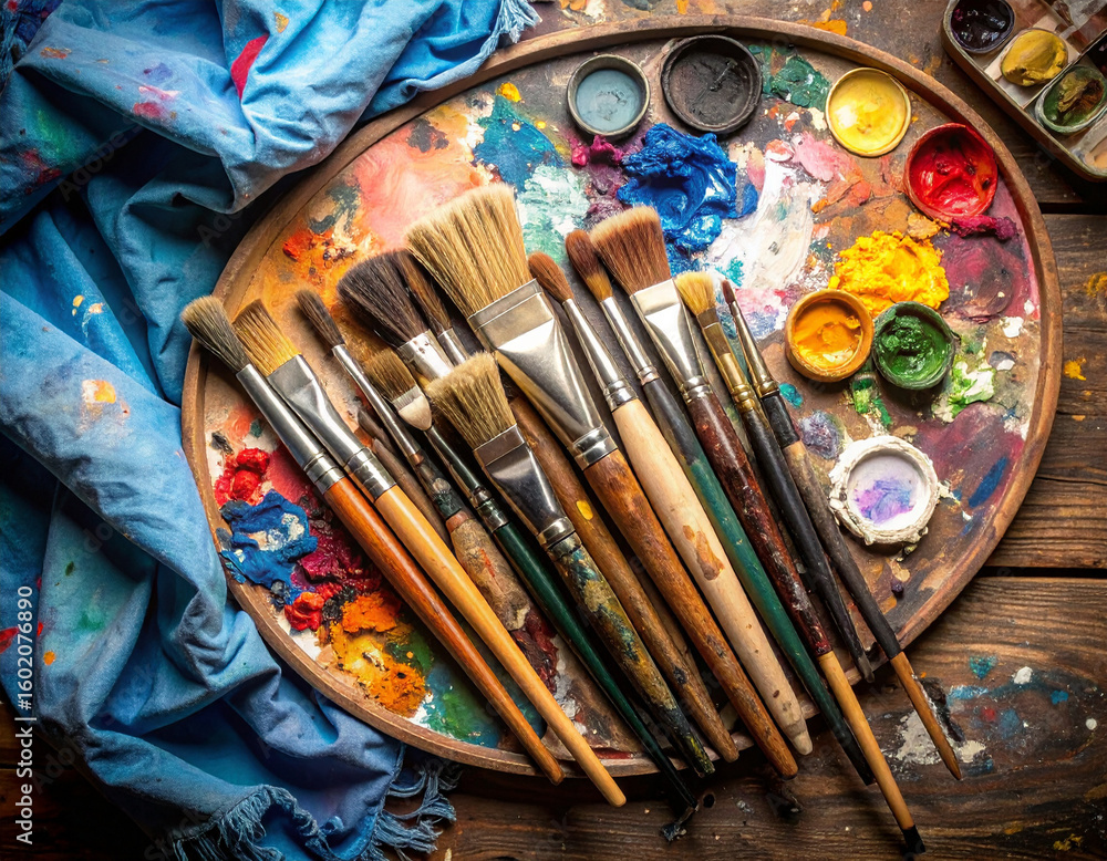 Fototapeta premium Artist's palette brimming with paint, surrounded by well-used brushes and a textured cloth.