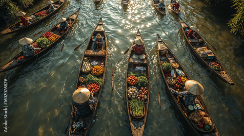 A very realistic aerial shot of a lively river with vendors selling vegetables and fruits on boats.