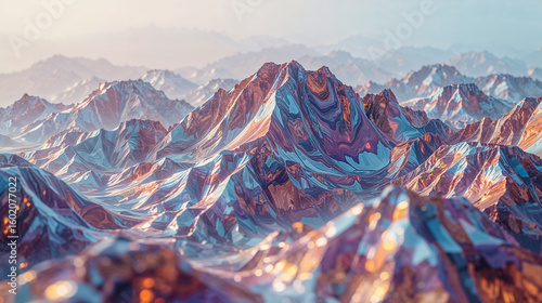 Abstract mountain range photography. Swirls of blue-orange, bright orange and fluorescent yellow with geometric shapes and lines blended together on a soft, misty background.