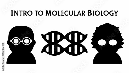 Illustration of intro to molecular biology featuring dna double helix and two silhouettes of scientists