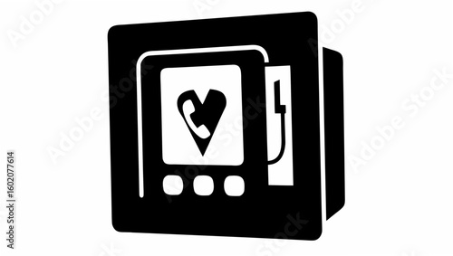 Illustration of a defibrillator machine with a heart and phone symbol on the screen in black and white