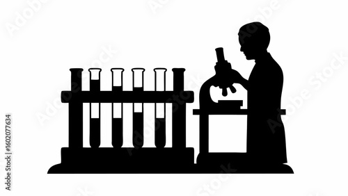 Silhouette of a scientist with test tubes and microscope in a laboratory setting conducting scientific research