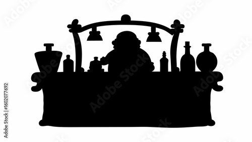 Silhouette of a bartender behind a bar with bottles and lamps creating a vintage tavern atmosphere scene