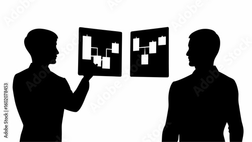 Silhouette of two men looking at diagrams on screens in a black and white illustration style image