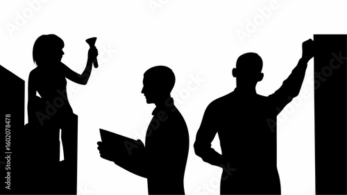 Silhouette of three people one holding a flashlight one with a book and one reaching for a wall paneling