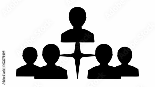 Illustration of a hierarchical structure with a leader above and four subordinates below in black silhouette
