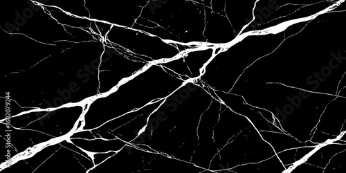 A striking, high-contrast image featuring bold white cracks and veins against a deep, dark, almost obsidian-like background, reminiscent of natural black marble or a shattered surface.