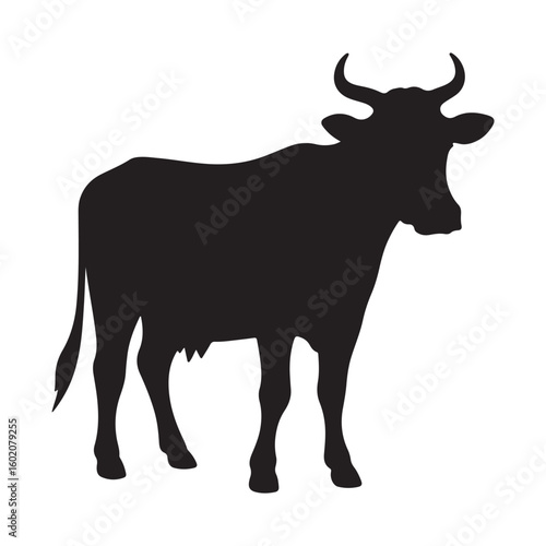 Silhouette of a black cow standing on a white background with its head turned slightly to the right