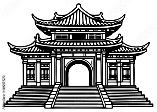 Black and White Chinese Palace Gate Illustration