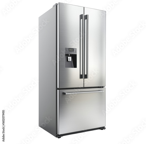 Modern stainless steel french door refrigerator isolated on transparent background