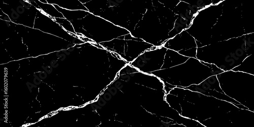 A striking, high-contrast image featuring bold white cracks and veins against a deep, dark, almost obsidian-like background, reminiscent of natural black marble or a shattered surface.