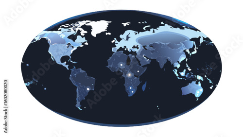 World map illustration of global geography with continents and countries in blue and dark color scheme