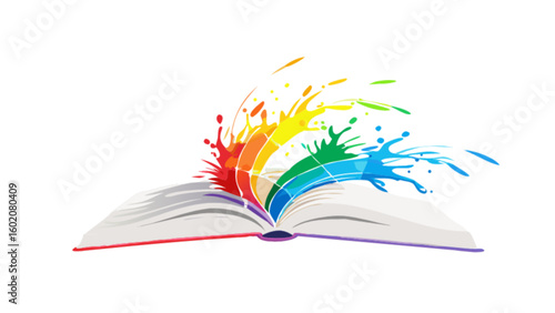 Open book with vibrant rainbow colors illustration for creative writing and art education concepts design