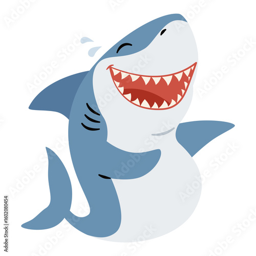 Cute shark laughing and holding his belly. Flat vector illustration in simple child style on white background. Vector illustration