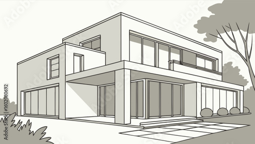Modern home architecture design with large windows and outdoor space in minimalist style house illustration vector