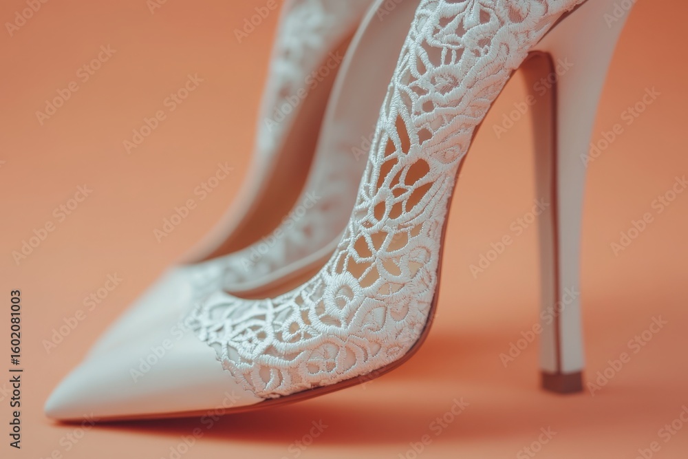 Obraz premium Elegant white lace high-heeled shoes.