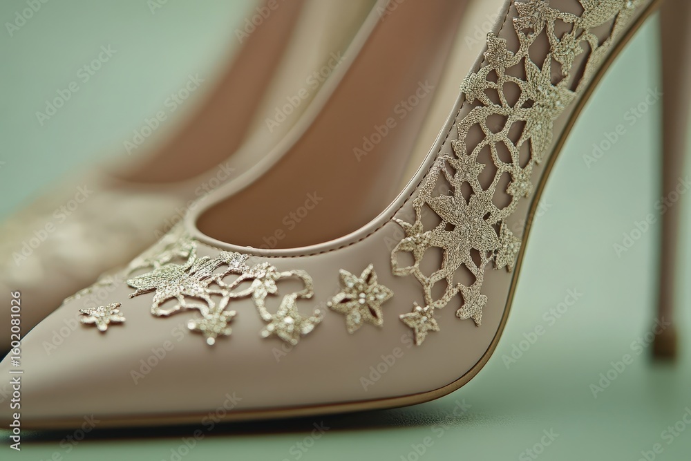 Obraz premium Close-up view of elegant high heels with intricate floral lacework.