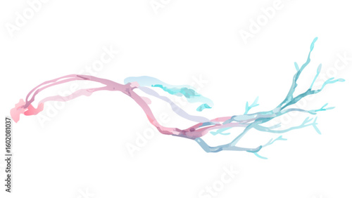 Watercolor painting of abstract tree branch with pink and blue hues for art and design projects