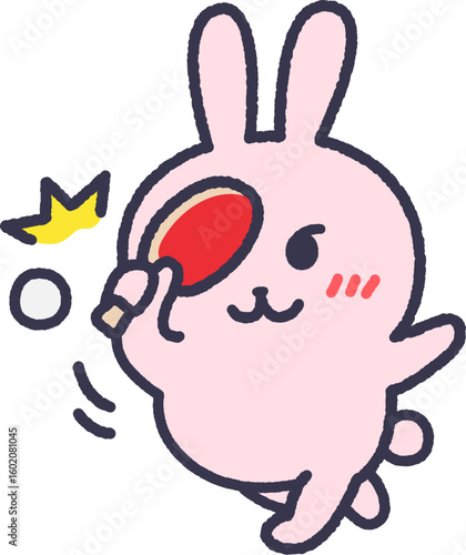 卓球のスマッシュを打つ、うさぎ（線画カラー）のイラスト