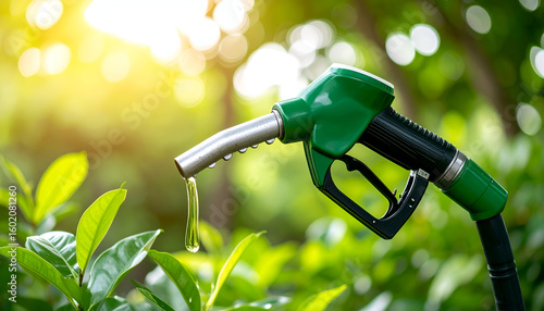Green Fuel Nozzle with Nature Background.