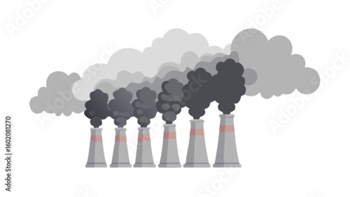 Illustration of industrial pollution with smoke stacks causing environmental damage and air pollution problems