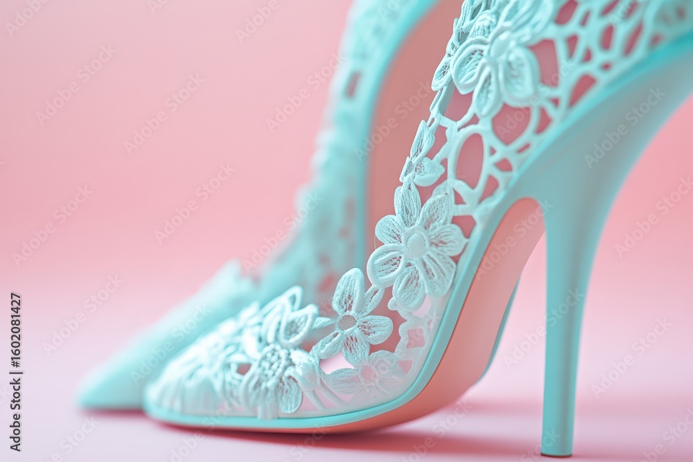 Obraz premium Delicate light teal high-heeled shoes with intricate floral lace.