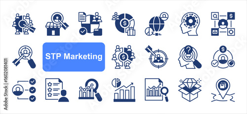 STP Marketing editable stroke icon set, with Segmentation, Target market, Buyer persona, Demographic, Psychographics, Market positioning, Value proposition