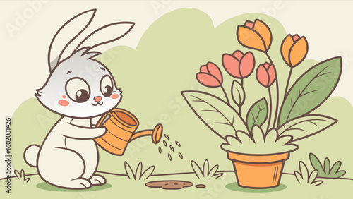 Cute bunny watering flowers cartoon illustration for kids spring gardening and nature themed designs vector art