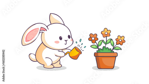 Cute bunny watering flowers illustration vector art for kids room decor and springtime design projects