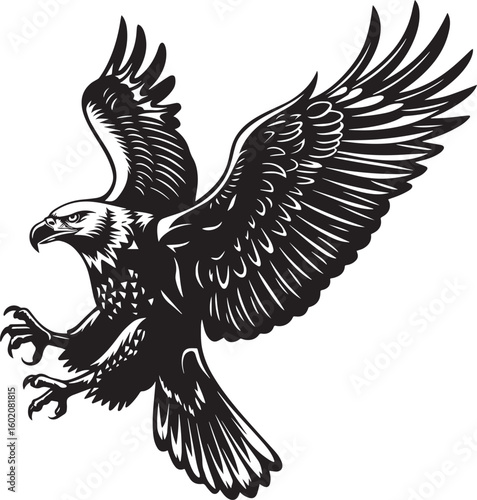 Majestic Eagle in Flight: A striking illustration of a powerful eagle soaring gracefully through the sky, showcasing its impressive wingspan and piercing gaze. 