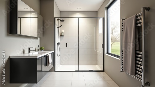Modern bathroom with a stylish shower enclosure and heated towel rack.