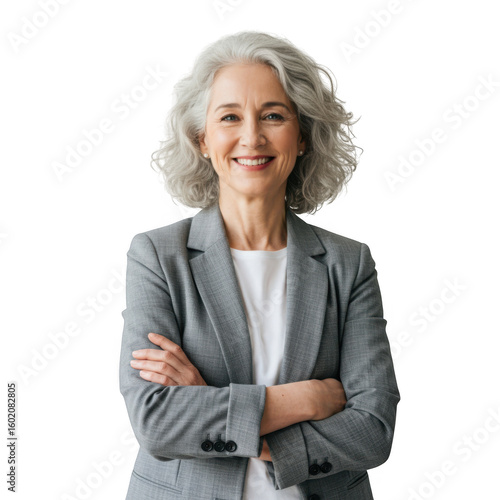 Smiling mature woman with gray hair wearing a gray blazer and white shirt arms crossed isolated on transparent background