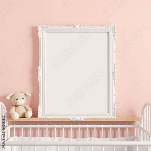 blank canvas mockup for artwork in a charming nursery pastel wall design with soft plush toys perfect for whimsical children decor portrait layout ideal for home styling and digital display 3d renderi