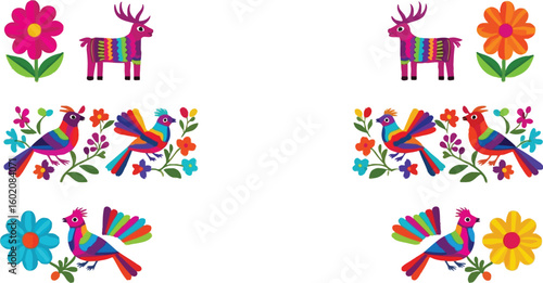 Colorful mexican folk art pattern background with birds flowers and deer vector illustration