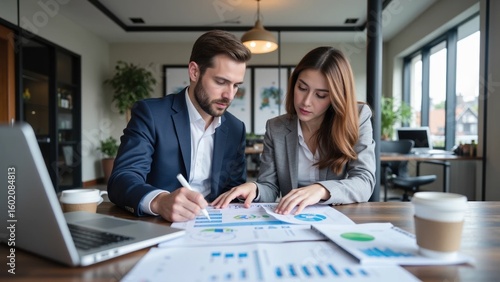 A team of professionals analyzing graphs and reports in a modern office setting.