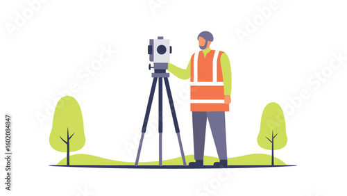 A surveyor using a theodolite on a tripod with trees in the background in a minimalist illustration