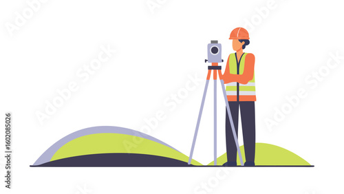 Illustration of a surveyor using a theodolite on a grassy hill wearing safety gear and hard hat outdoors